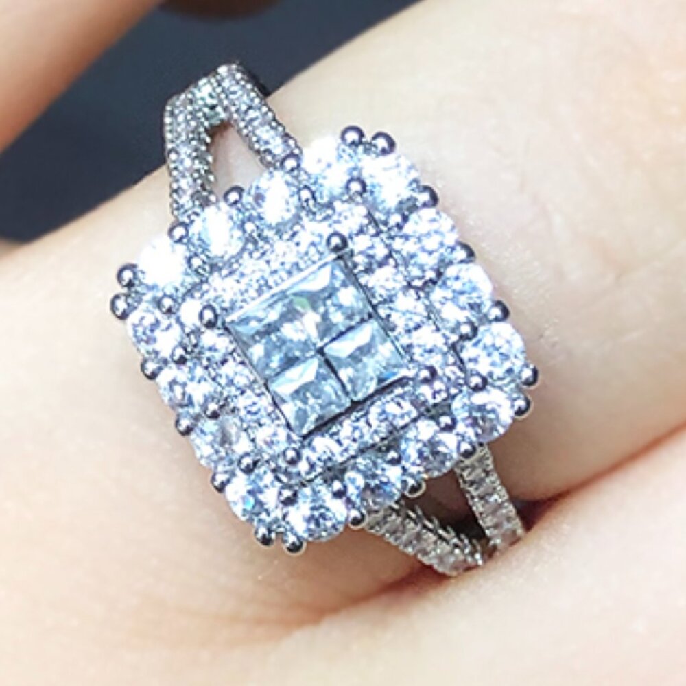 Double Layer Cross Square Zircon Luxury Wedding Ring for Women, PD361 - Picture 4 of 4